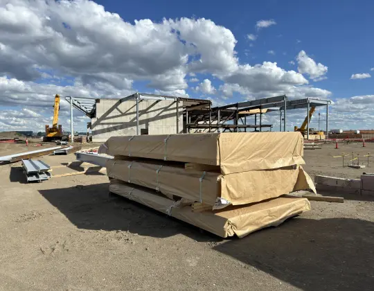 Mass timbers arrived wrapped and ready to unpack