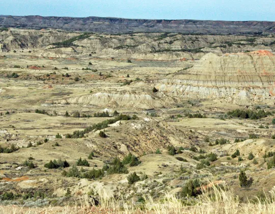 Layered Paleocene rock strata exposed in the Little Missouri Badlands at Painted Canyon