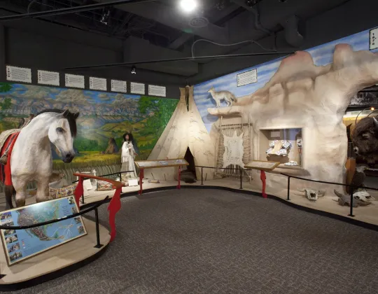Gallery inside the Cowboy Hall of Fame with a horse, tipi and Native American exhibits