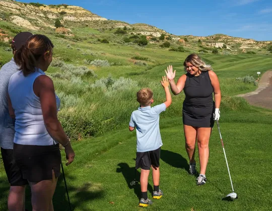 Family high-five on a tee box in a green coulee