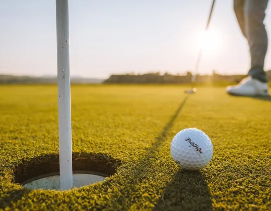 Golf ball beside the cup at golden hour