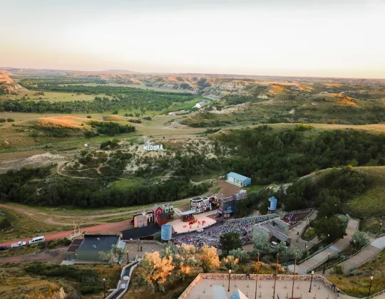 Drone view of the Burning Hills Amphitheatre in the Badlands at twilight