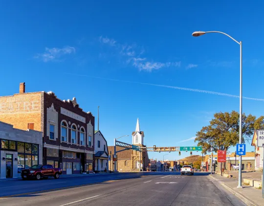 Brick storefronts along a street in downtown Rawlins, Wyoming