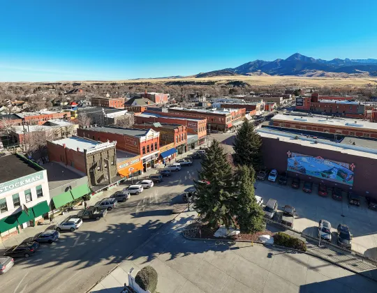 Downtown Livingston, Montana, with mountains in the distance