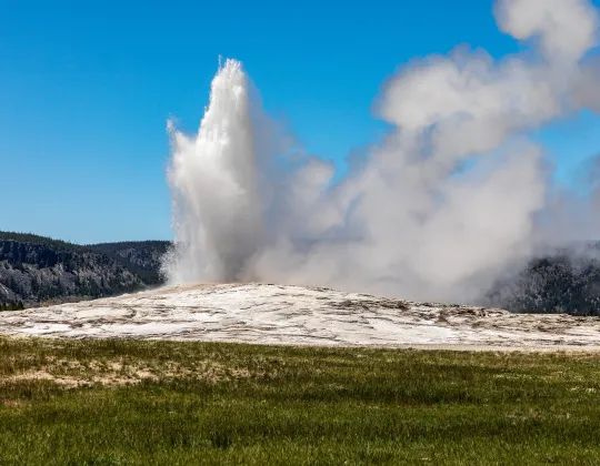 Old Faithful erupting a tall column of steam and water