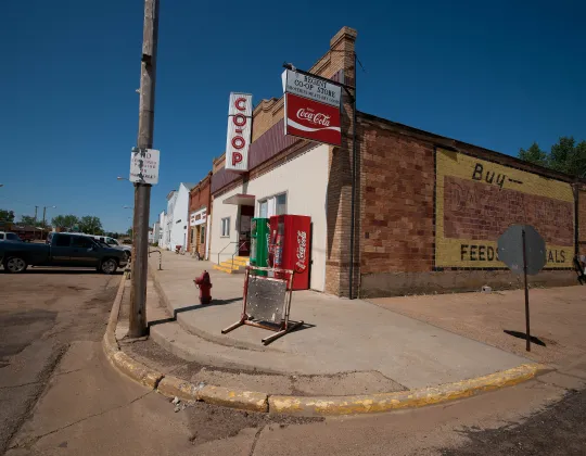 Brick buildings along a street in Regent, North Dakota