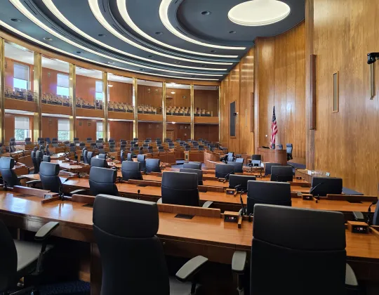 The wood-paneled House chamber inside the North Dakota State Capitol