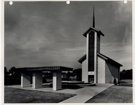 Black-and-white photograph of the Place of Meditation chapel in Abilene