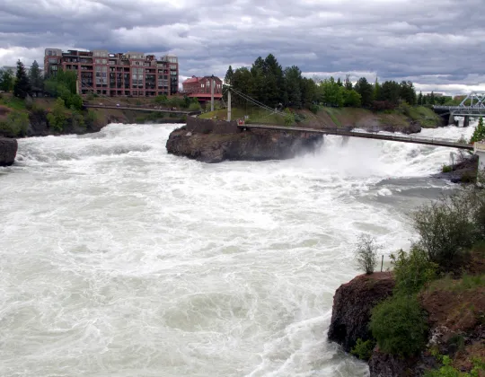 The Spokane River pouring over the Upper Falls in downtown Spokane