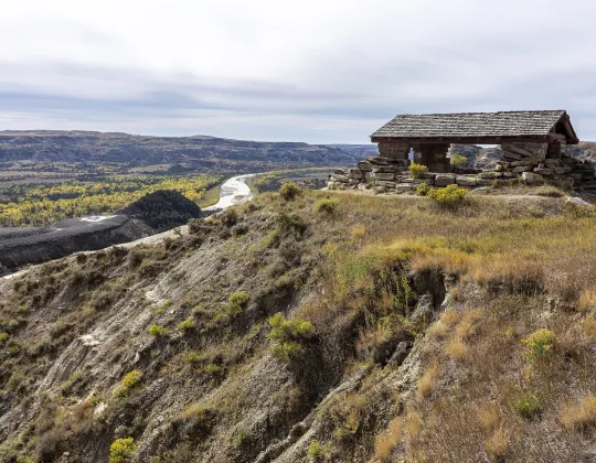 A stone overlook shelter above the Little Missouri River in the North Unit