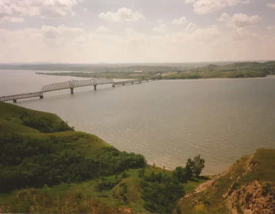 A long bridge crossing Lake Sakakawea seen from a high overlook