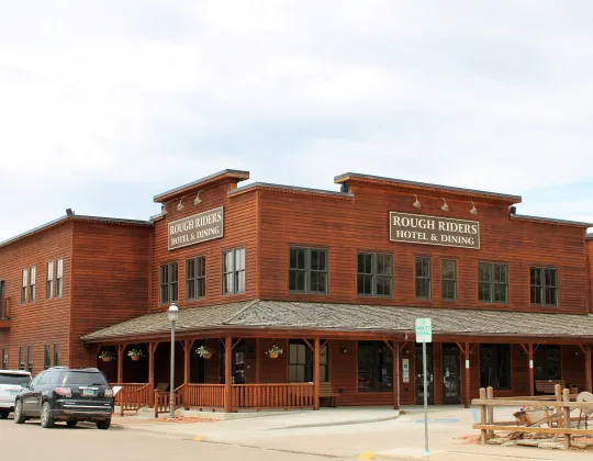 The two-story Rough Riders Hotel on Medora's main street