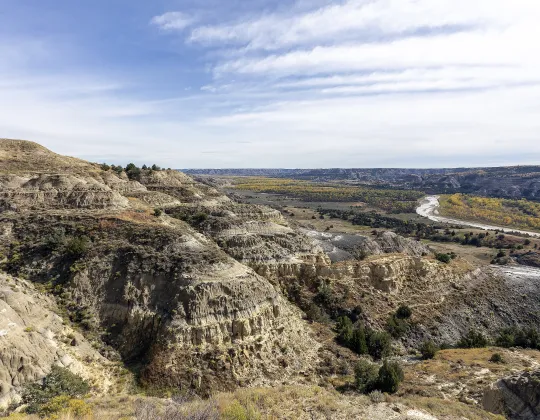 The Little Missouri River bending through badlands from the Oxbow Overlook