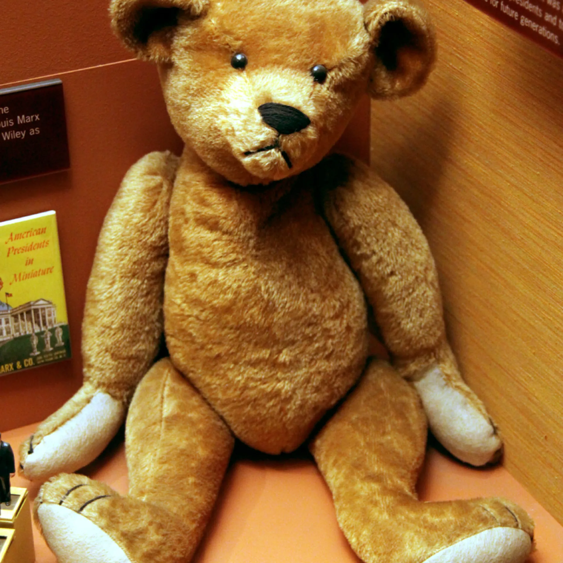An original 1903 golden-mohair Teddy Bear on display at the Smithsonian