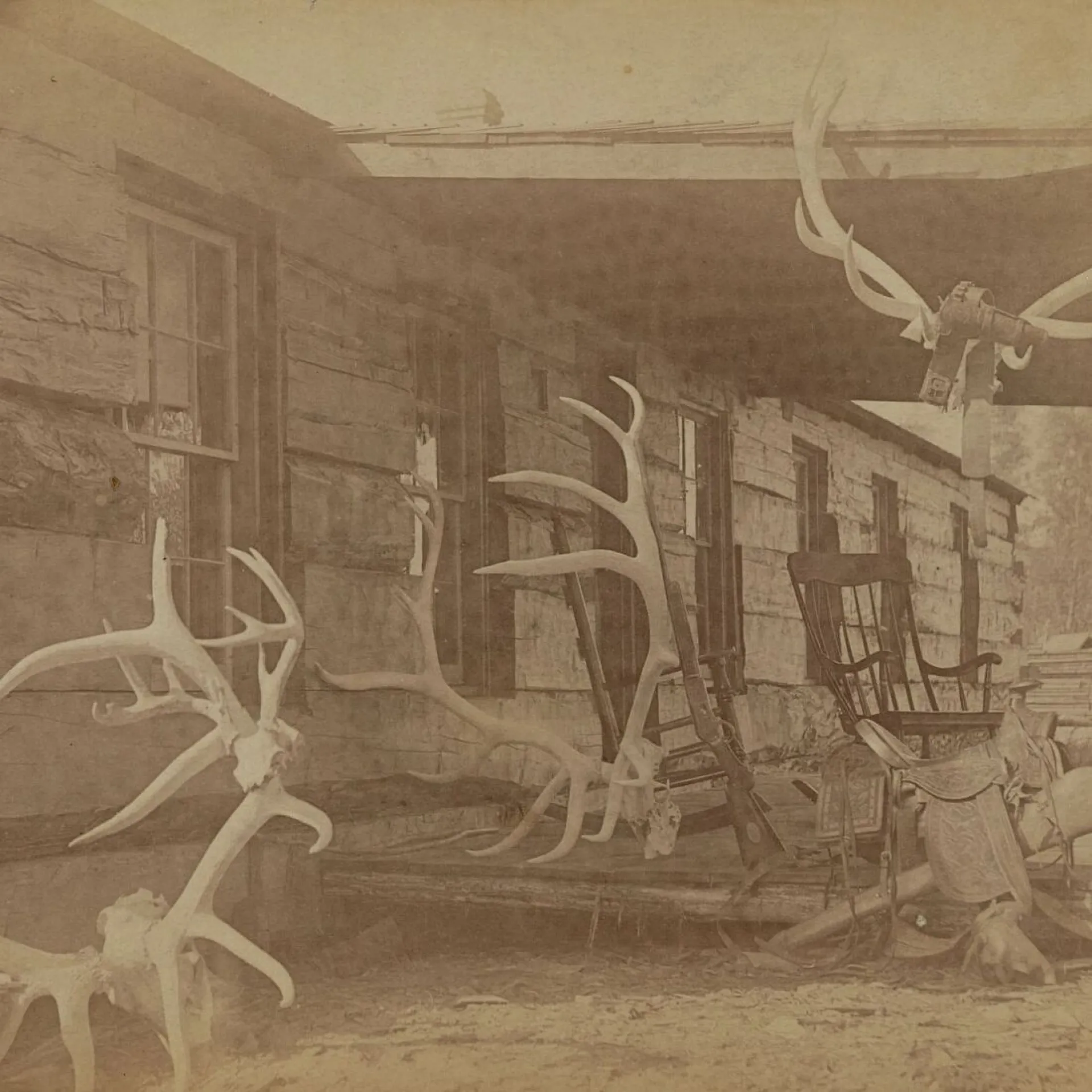 The Elkhorn ranch house, its porch hung with elk antlers