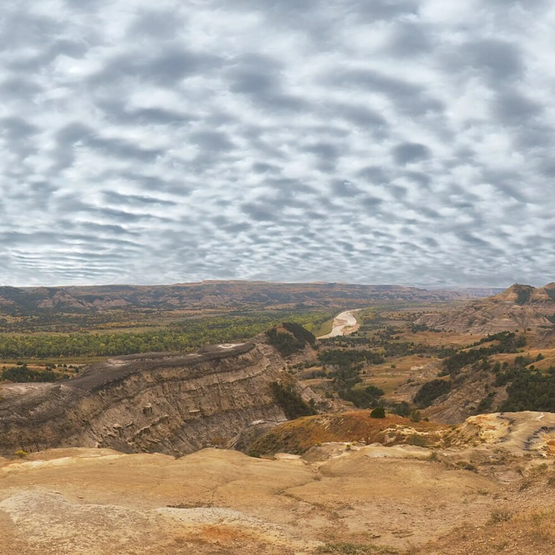 Badlands buttes and the Little Missouri River valley in Theodore Roosevelt National Park, North Dakota