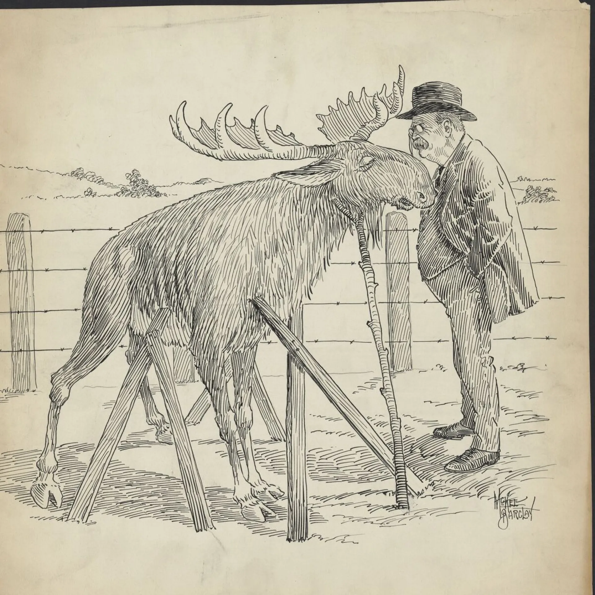 Cartoon of Theodore Roosevelt with a bull moose, symbol of his new party